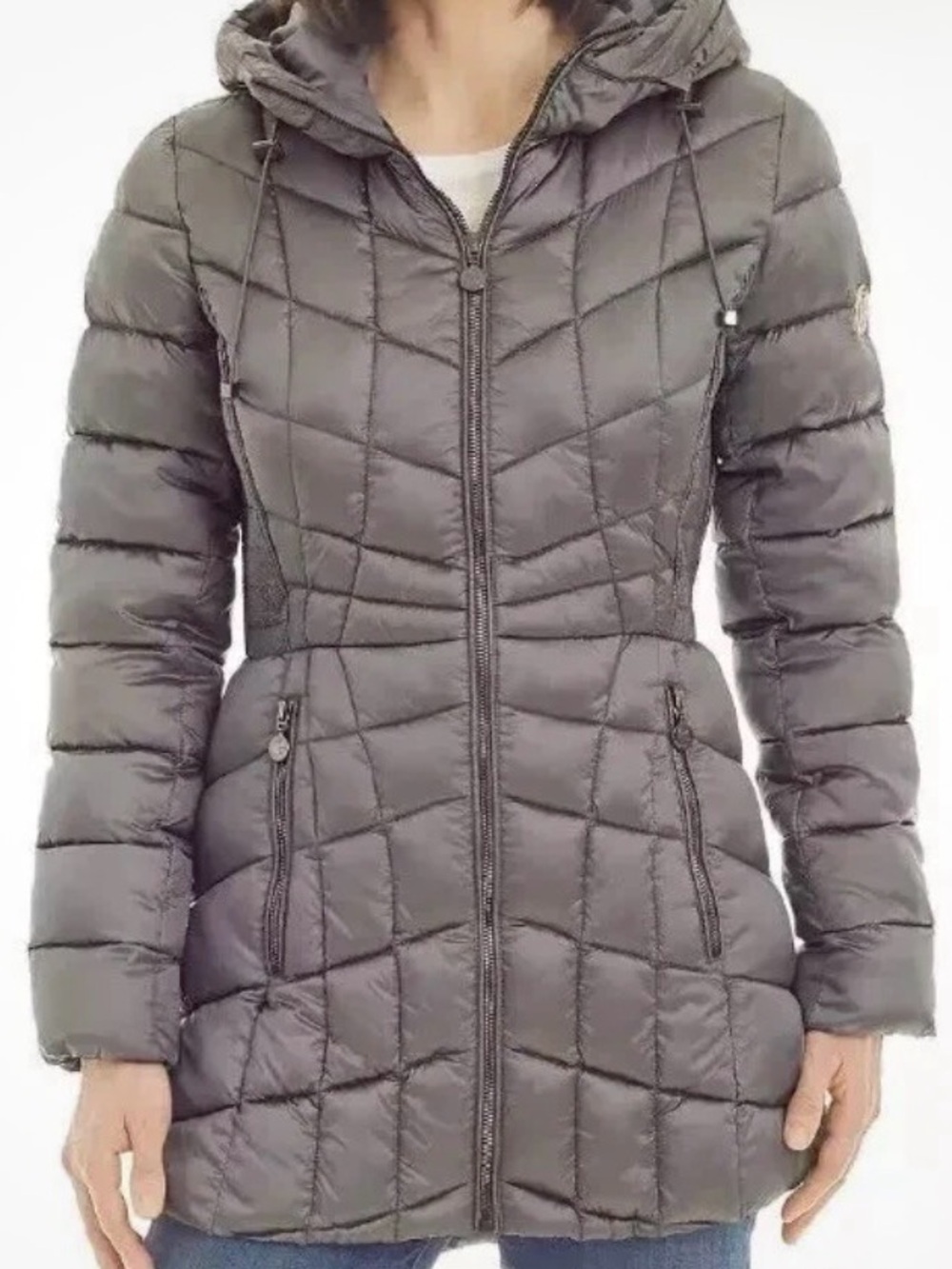 Bernardo Ladies Blue Packable Quilted Puffer Hooded Grey Jacket Coat -LIKE NEW-S